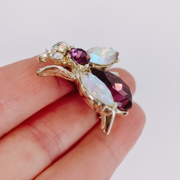 Vintage Mid Century Bee Brooch Purple Rhinestone 60s Figural Insect Bug Jewelry - Picture 7 of 12
